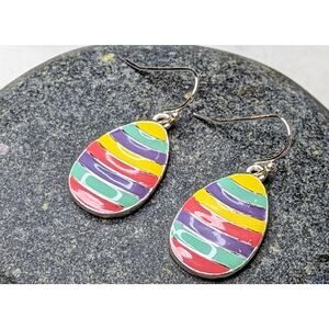 Easter Egg Brightly Striped Hook Style Earrings with Silver Hardware NEW